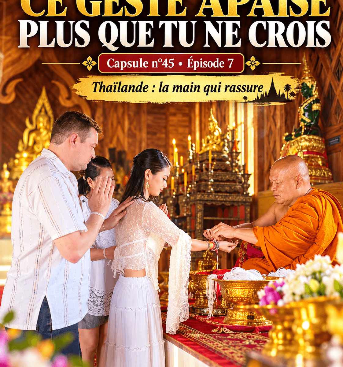Cérémonie bouddhiste en Thaïlande avec un moine bénissant notre famille dans un temple — Capsule n°45, Abhaya mudra, la main qui rassure